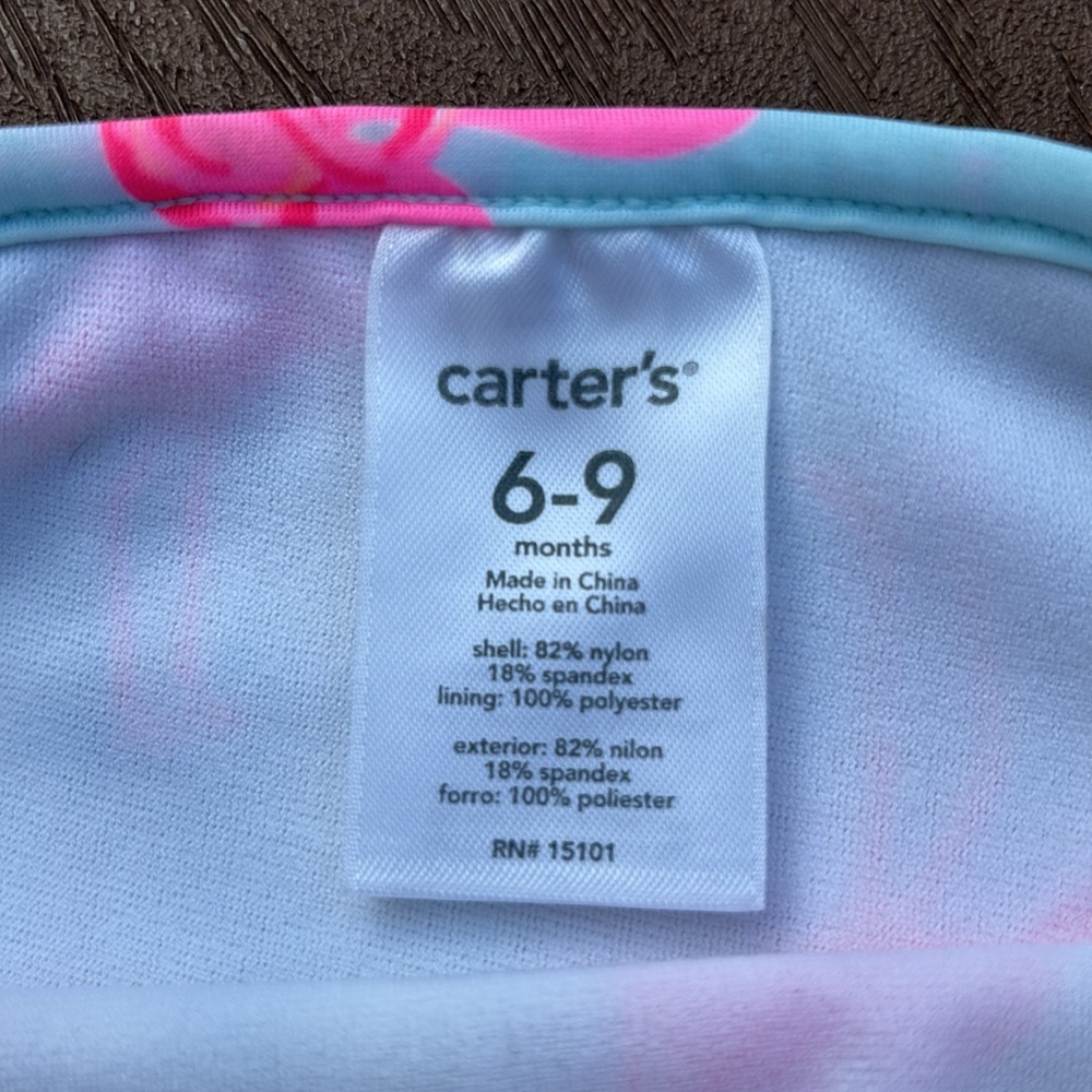 Carters 2 baby girl bathing suits 6-9 mo. 1 pc. flamingo, 2 pc. lemon rashguard - Picture 8 of 11